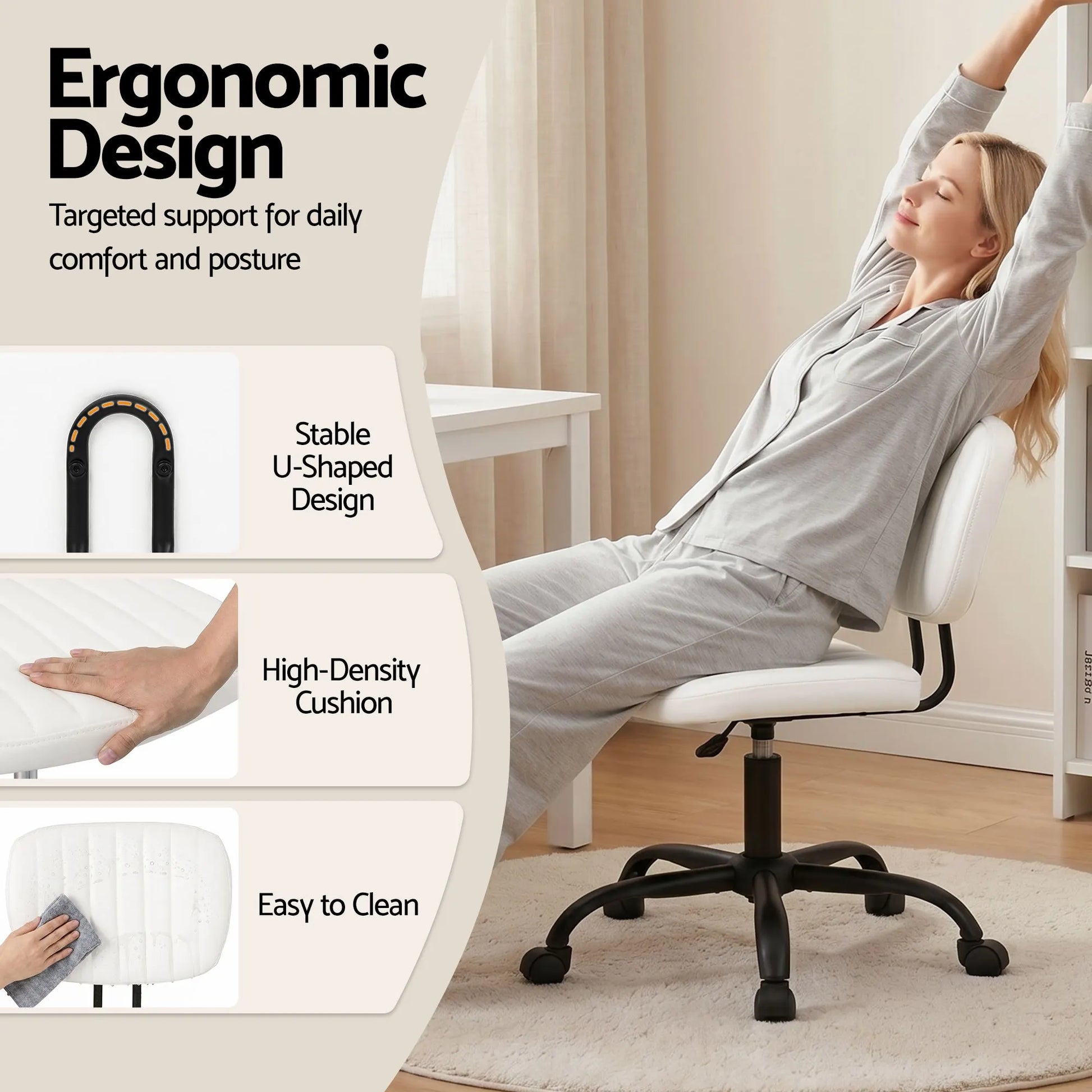 Artiss Armless Office Chair with Wheels, Ergonomic PU Leather Office Desk Chair, Height Adjustable 360° Swivel Computer Task Chair for Home Office, Study Room & Small Space, White - Image 6