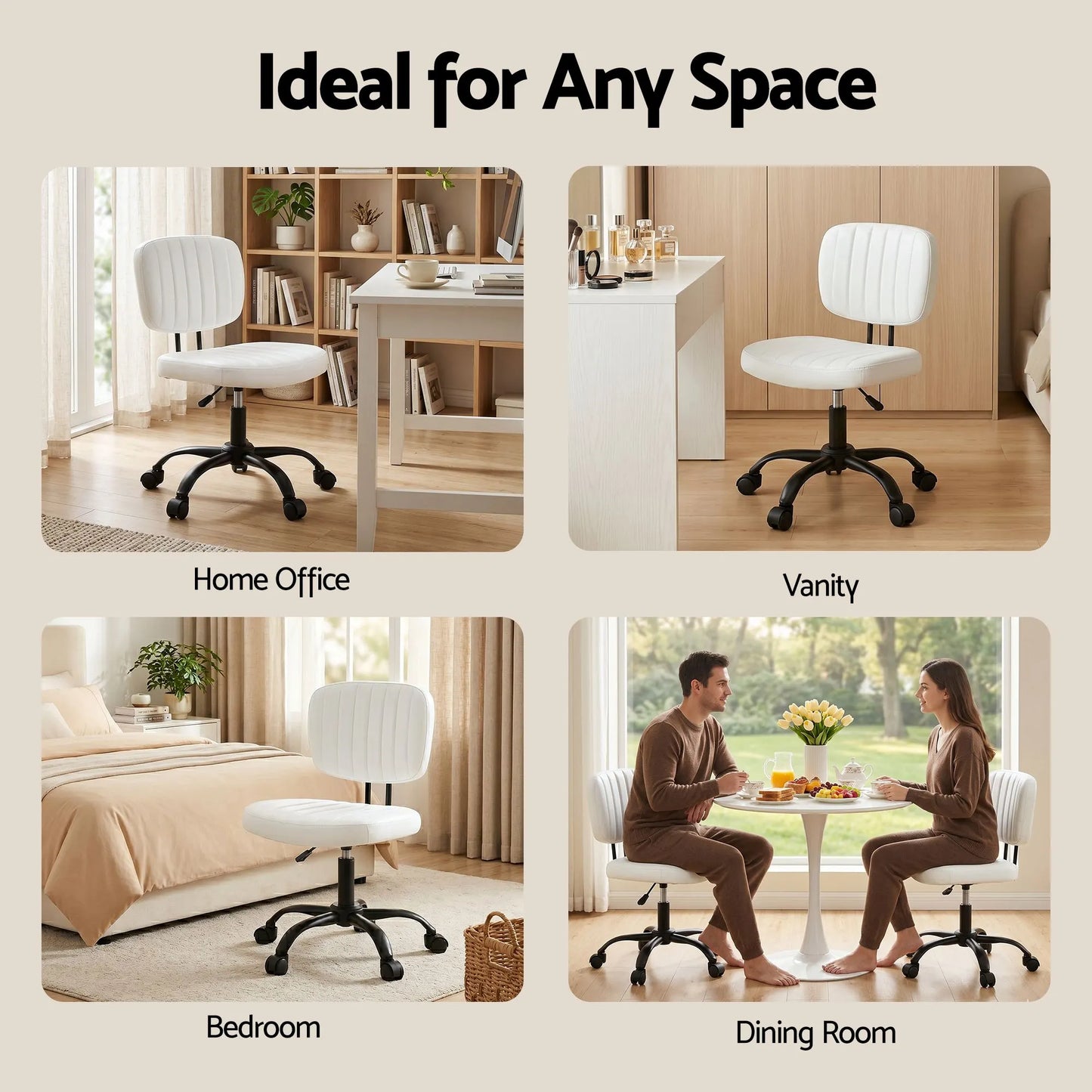 Artiss Armless Office Chair with Wheels, Ergonomic PU Leather Office Desk Chair, Height Adjustable 360° Swivel Computer Task Chair for Home Office, Study Room & Small Space, White - Image 8
