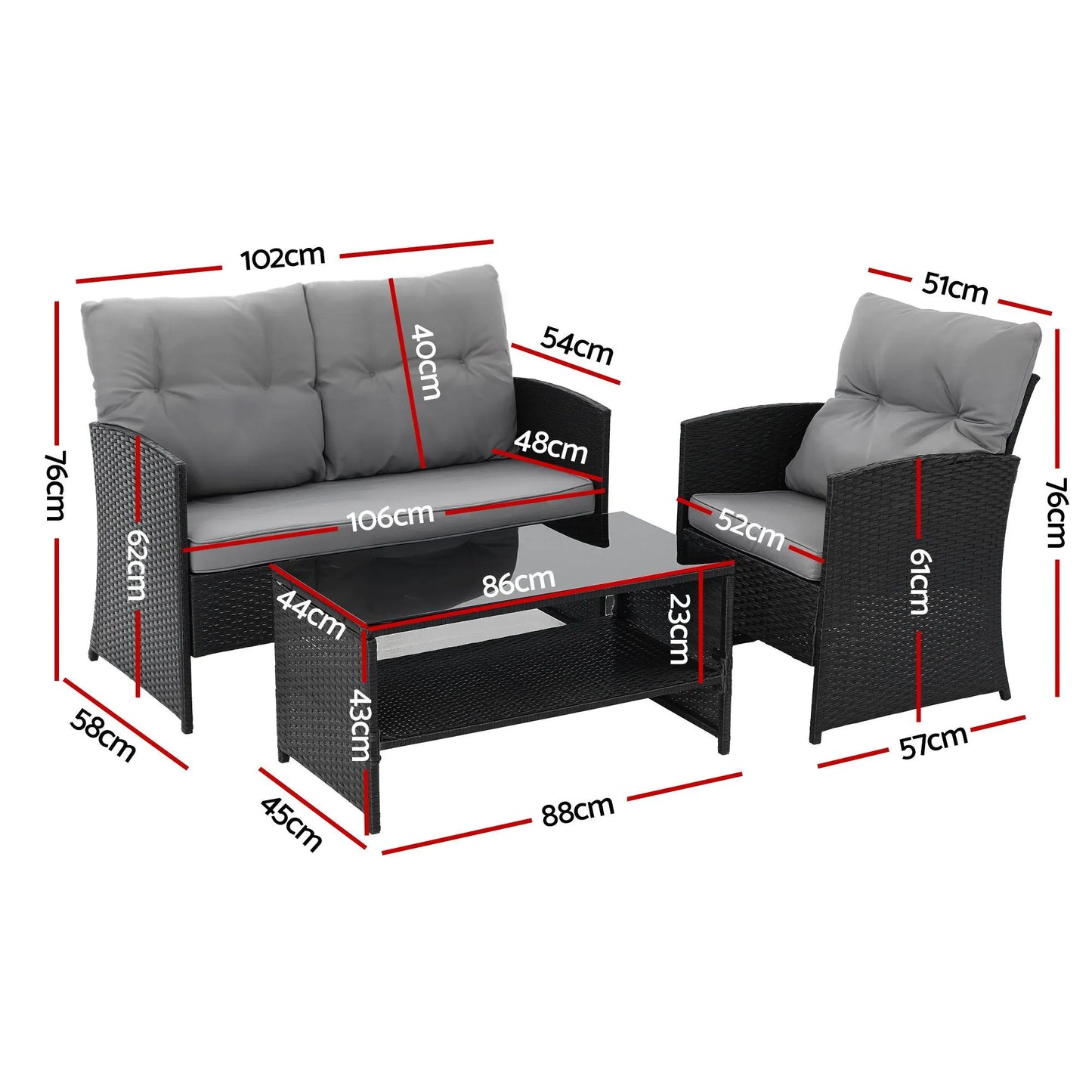 Gardeon 4-Piece Outdoor Sofa Set Coffee Table Chair Rattan Furniture Black - Image 2