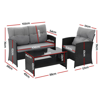 Gardeon 4-Piece Outdoor Sofa Set Coffee Table Chair Rattan Furniture Black - Image 2
