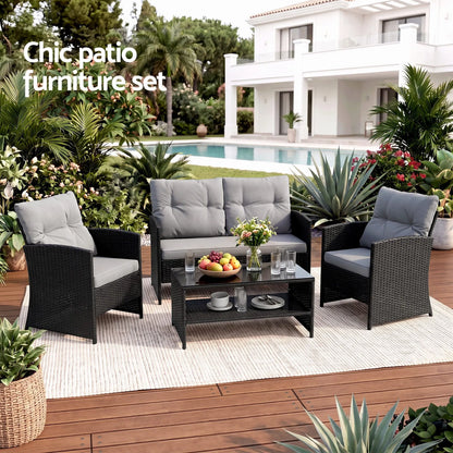 Gardeon 4-Piece Outdoor Sofa Set Coffee Table Chair Rattan Furniture Black - Image 4