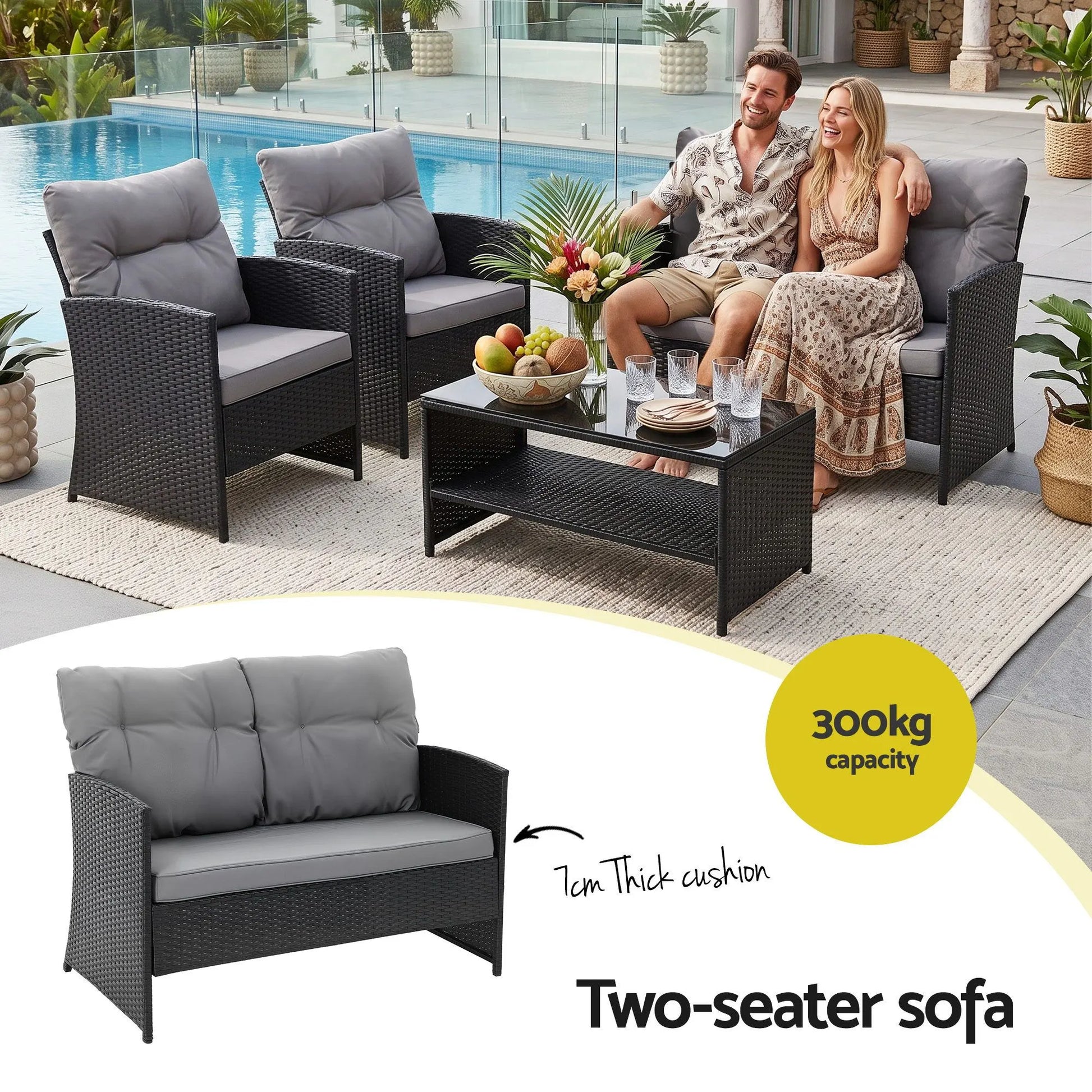 Gardeon 4-Piece Outdoor Sofa Set Coffee Table Chair Rattan Furniture Black - Image 5