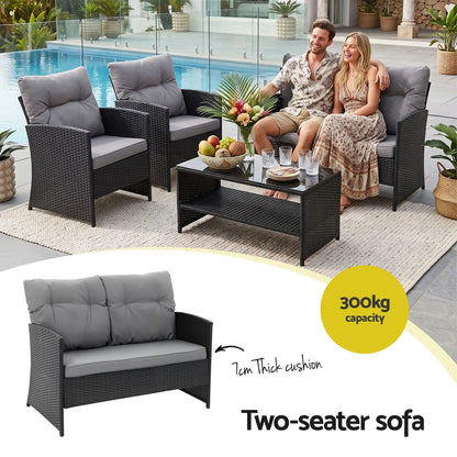 Gardeon 4-Piece Outdoor Sofa Set Coffee Table Chair Rattan Furniture Black - Image 5