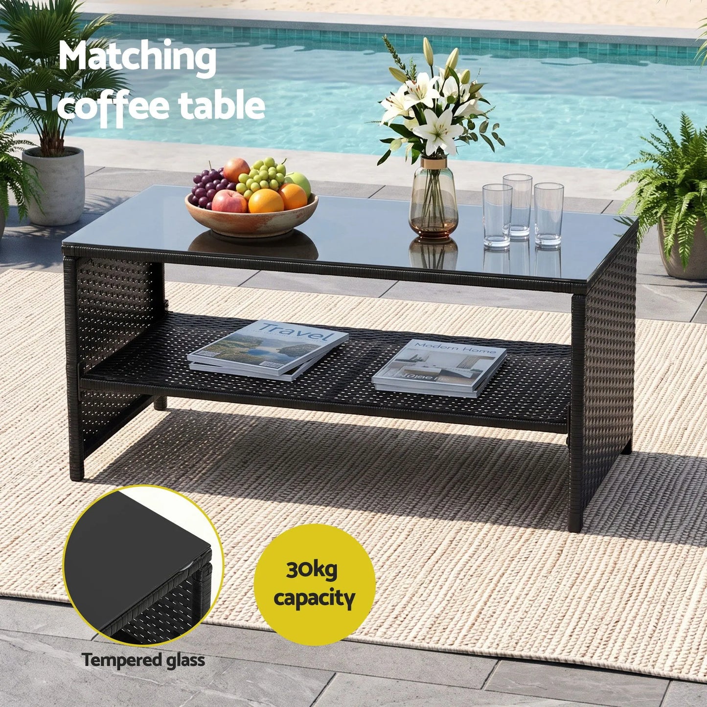 Gardeon 4-Piece Outdoor Sofa Set Coffee Table Chair Rattan Furniture Black - Image 7