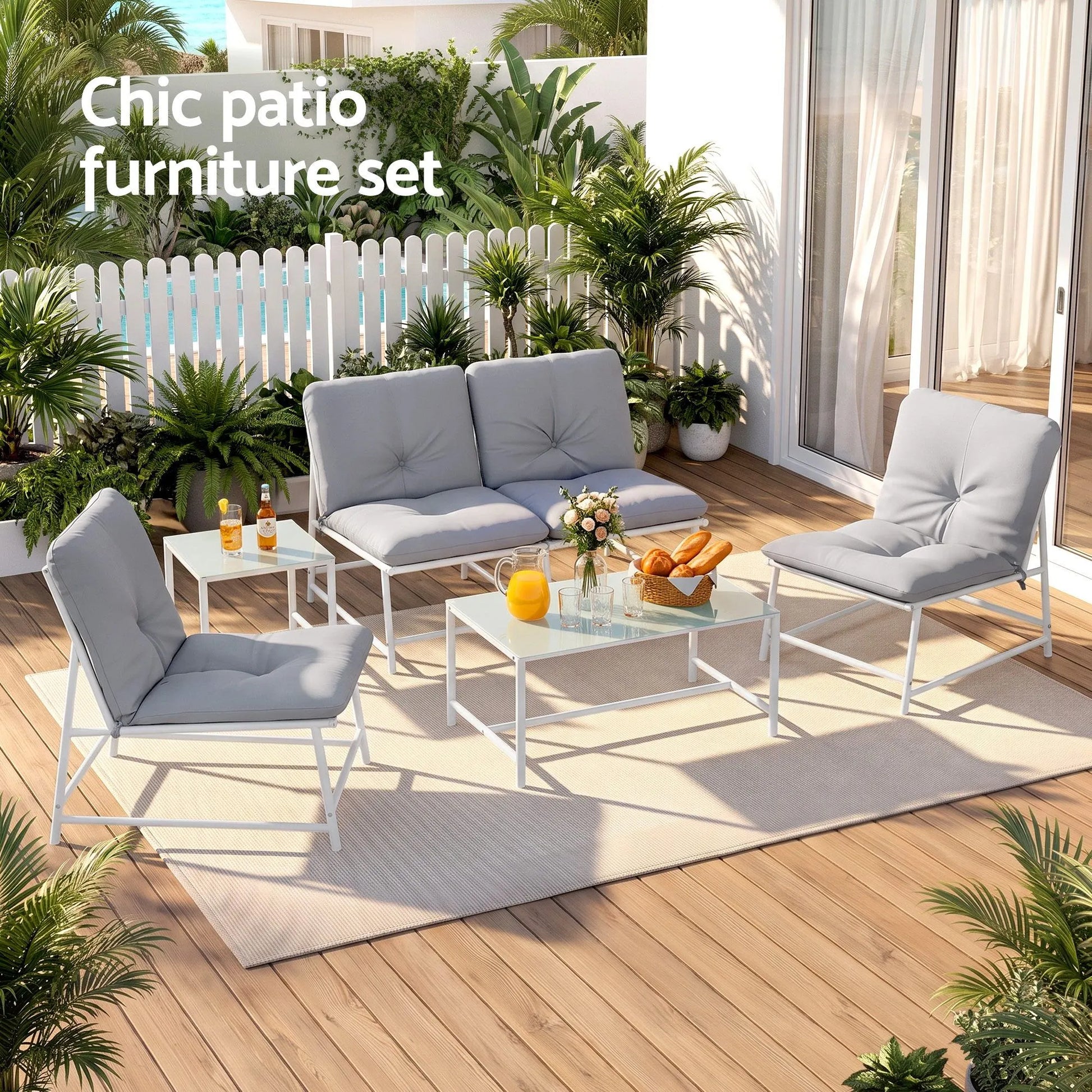 Gardeon 5-Piece Outdoor Sofa Set with Cushions table and Chairs White - Image 4