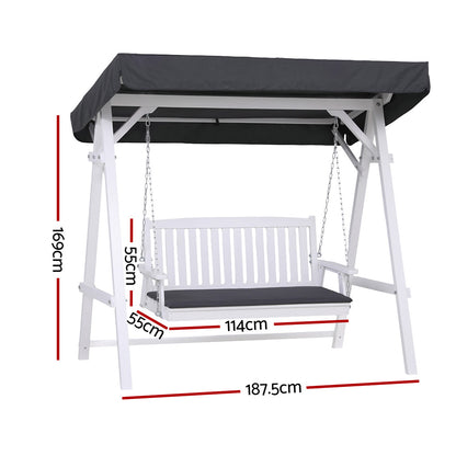 Gardeon Outdoor Wooden Swing Chair Garden Bench Canopy Cushion 3 Seater White - Image 2