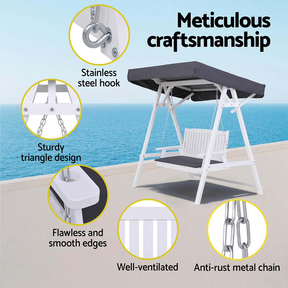 Gardeon Outdoor Wooden Swing Chair Garden Bench Canopy Cushion 3 Seater White - Image 5