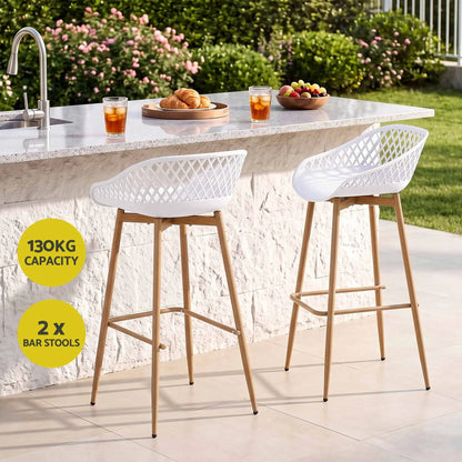 Gardeon 2PC Outdoor Bar Stools Plastic Metal Dining Chair Patio Furniture White - Image 4