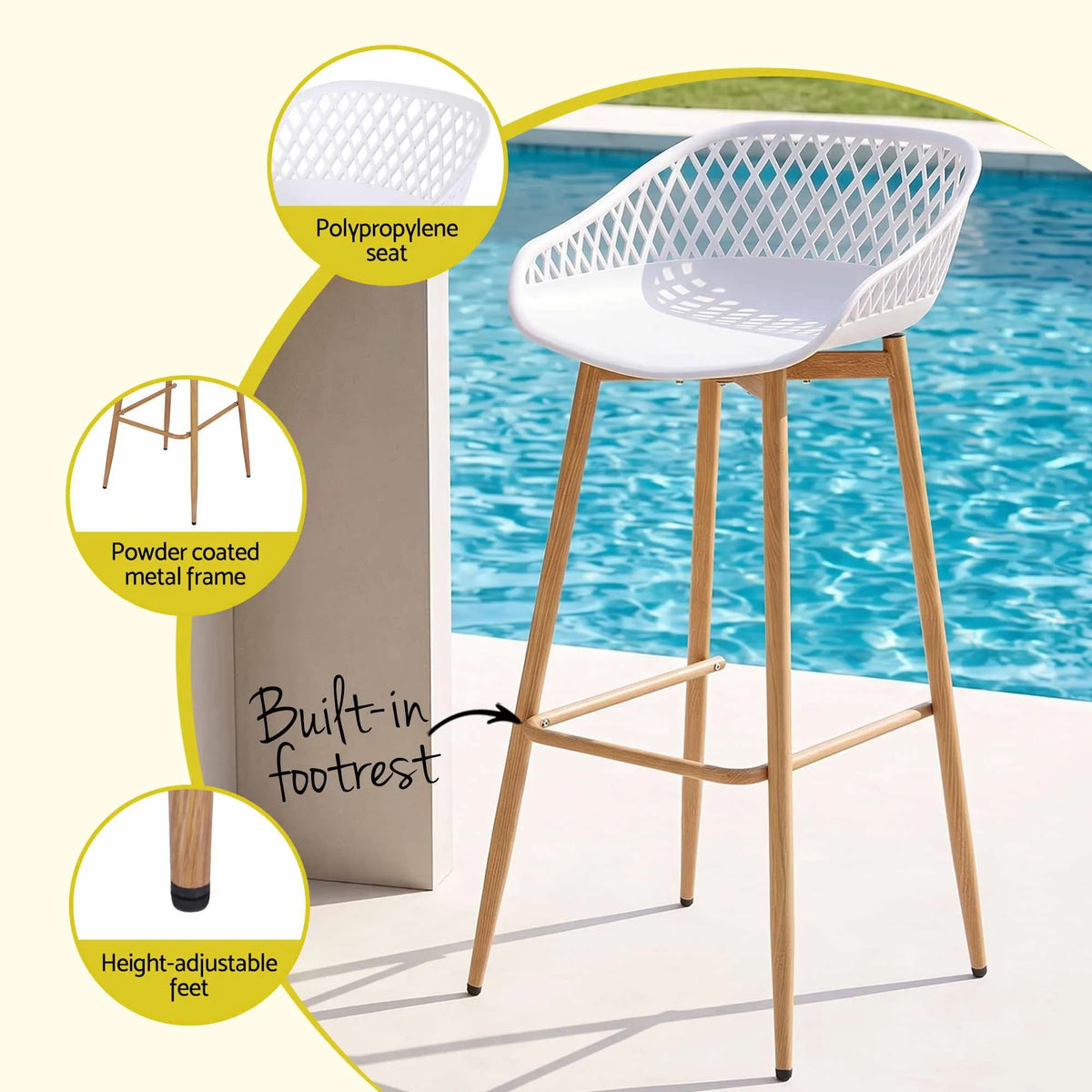 Gardeon 2PC Outdoor Bar Stools Plastic Metal Dining Chair Patio Furniture White - Image 5