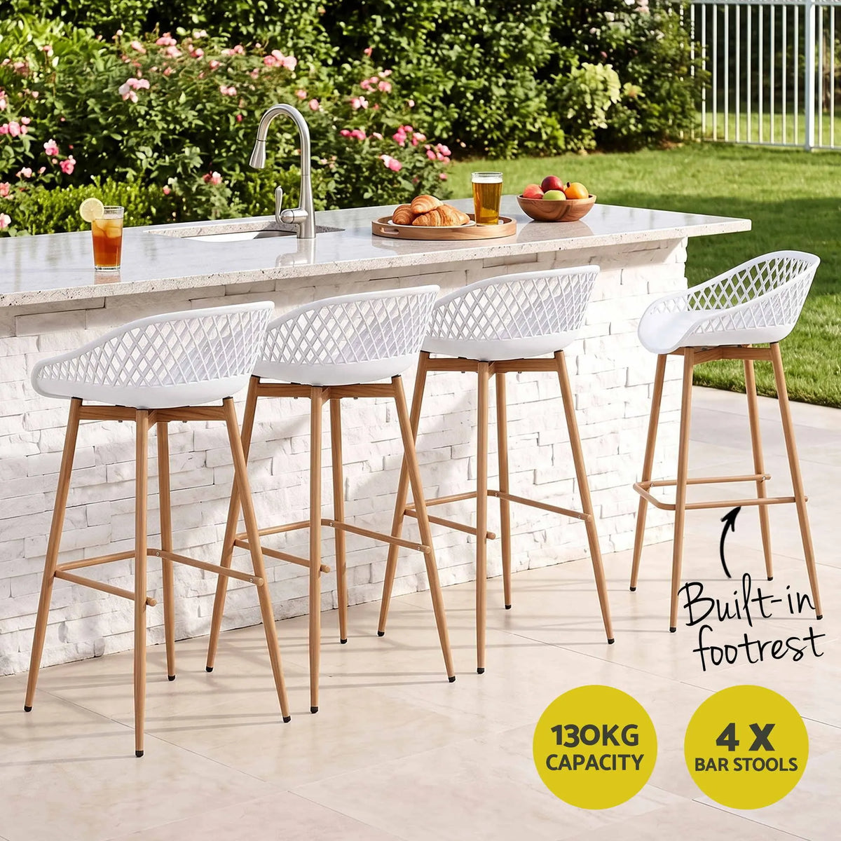 Gardeon 4-Piece Outdoor Bar Stools Plastic Metal Dining Chair Balcony White - Image 4