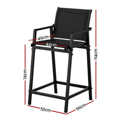 Gardeon 2PC Outdoor Bar Stools Steel Dining Chairs Patio Furniture Garden Black - Image 2