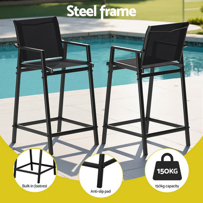 Gardeon 2PC Outdoor Bar Stools Steel Dining Chairs Patio Furniture Garden Black - Image 4