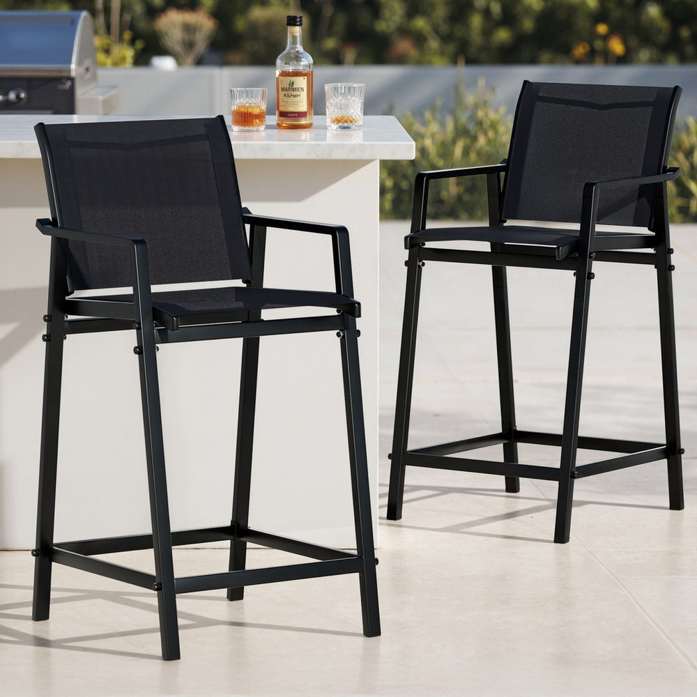 Gardeon 2PC Outdoor Bar Stools Steel Dining Chairs Patio Furniture Garden Black - Image 7