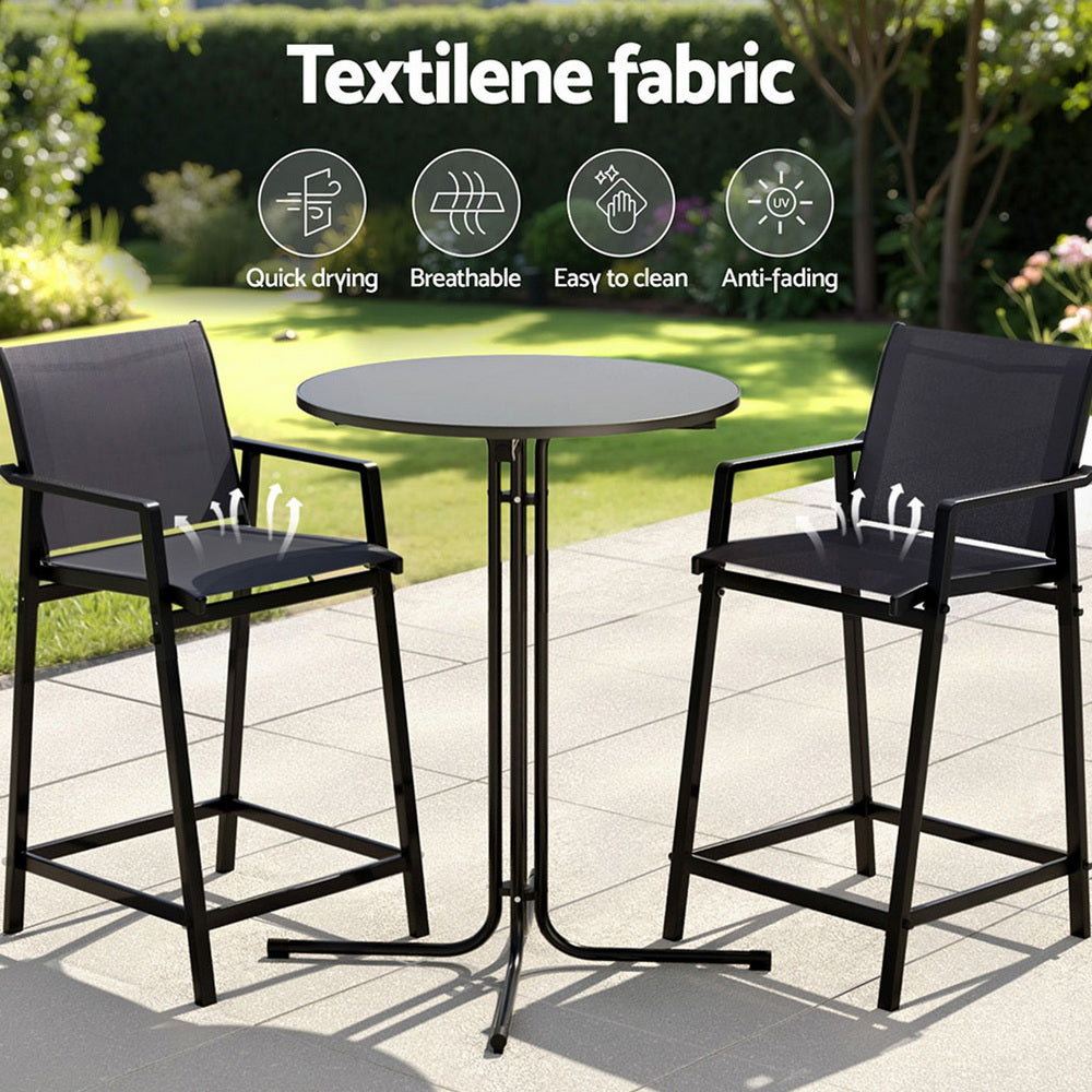 Gardeon 3PC Outdoor Bar Set Stools Dining Chairs Table Patio Furniture Bistro Set Steel Black - Image 5