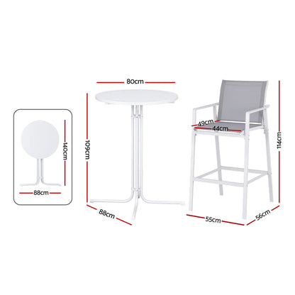 Gardeon 3PC Outdoor Bar Set Stools Dining Chairs Table Patio Furniture Bistro Set Steel White - Image 2