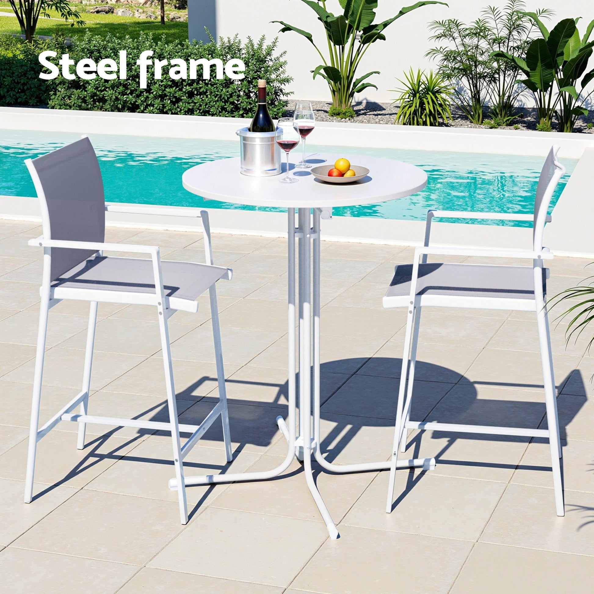 Gardeon 3PC Outdoor Bar Set Stools Dining Chairs Table Patio Furniture Bistro Set Steel White - Image 4