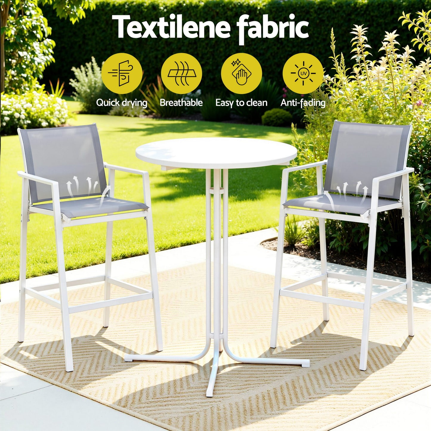 Gardeon 3PC Outdoor Bar Set Stools Dining Chairs Table Patio Furniture Bistro Set Steel White - Image 5