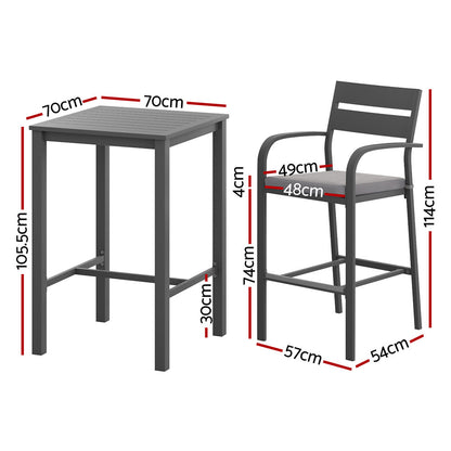 Gardeon 3Pcs Outdoor Bar Set Stools Dining Chairs Table Patio Aluminium Bistro Set Black - Image 2