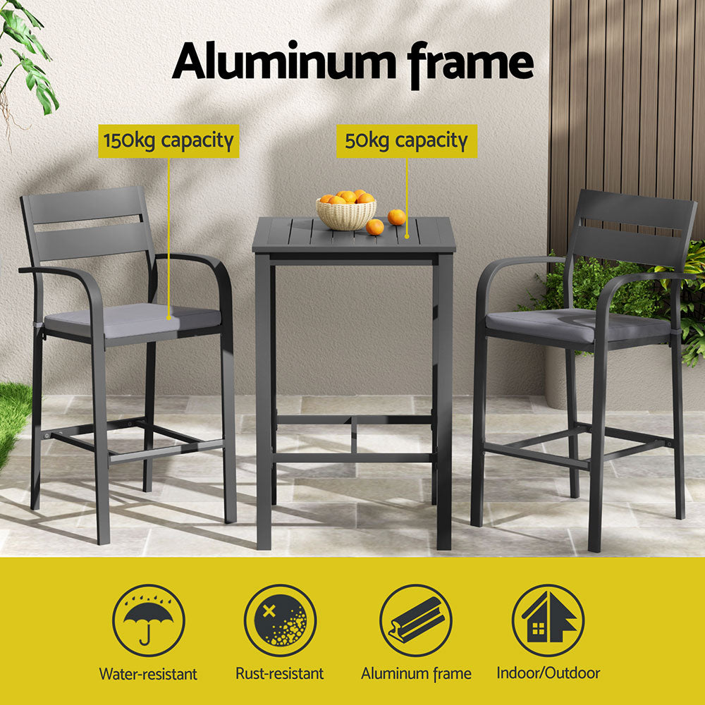 Gardeon 3Pcs Outdoor Bar Set Stools Dining Chairs Table Patio Aluminium Bistro Set Black - Image 4