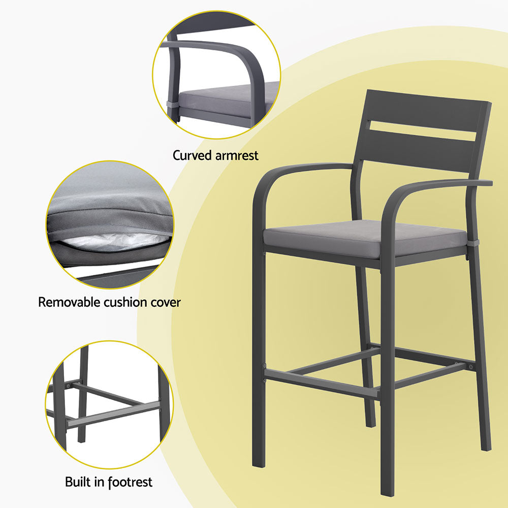 Gardeon 3Pcs Outdoor Bar Set Stools Dining Chairs Table Patio Aluminium Bistro Set Black - Image 5