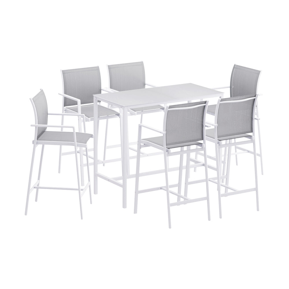 Gardeon 7PCS Outdoor Bar Set Stools Dining Chairs Table Patio Steel Bistro Set White - Image 3