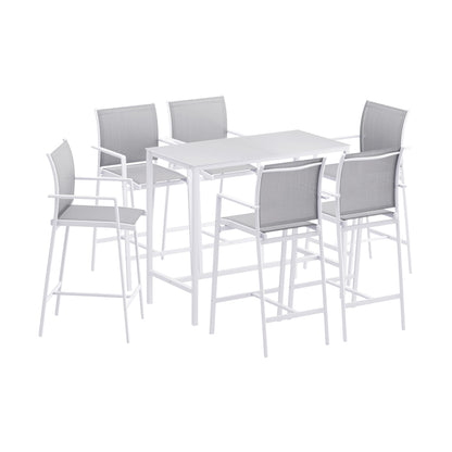 Gardeon 7PCS Outdoor Bar Set Stools Dining Chairs Table Patio Steel Bistro Set White - Image 3