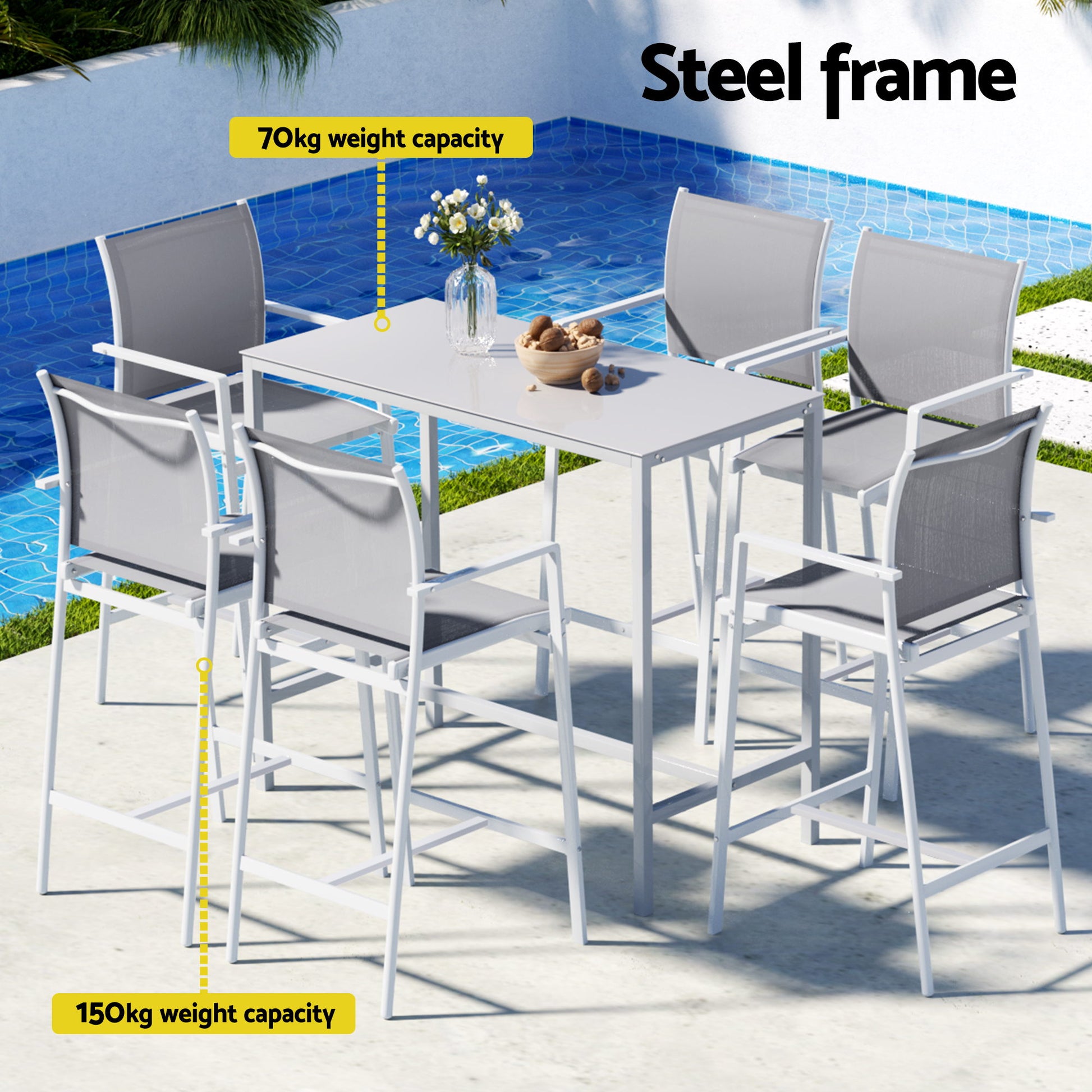 Gardeon 7PCS Outdoor Bar Set Stools Dining Chairs Table Patio Steel Bistro Set White - Image 4