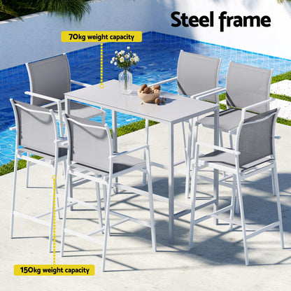 Gardeon 7PCS Outdoor Bar Set Stools Dining Chairs Table Patio Steel Bistro Set White - Image 4