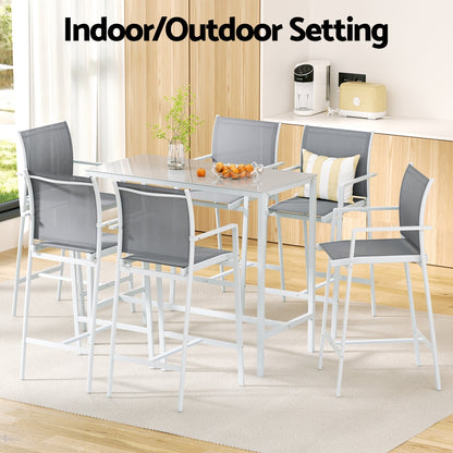 Gardeon 7PCS Outdoor Bar Set Stools Dining Chairs Table Patio Steel Bistro Set White - Image 7