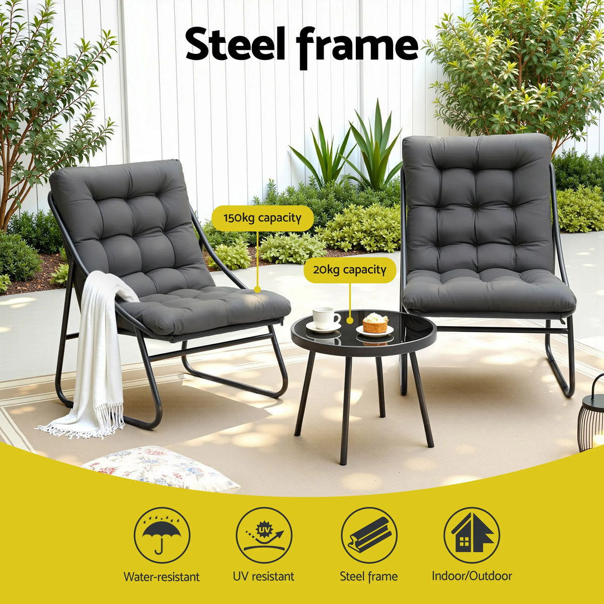 Gardeon 3PC Outdoor Bistro Set Patio Furniture Table and Chairs Steel Dining Chair - Image 4