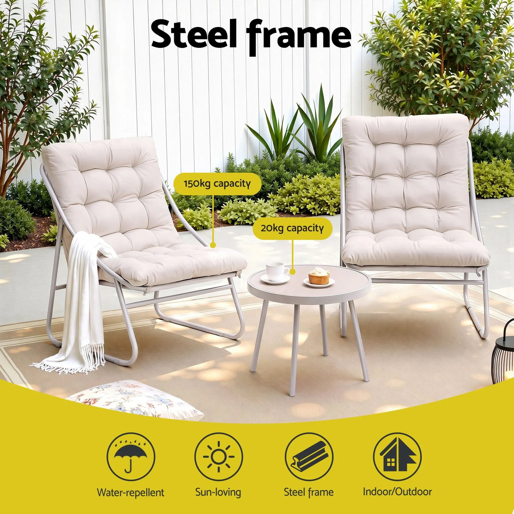 Gardeon 3PC Outdoor Bistro Set Patio Furniture Table and Chairs Steel Dining Chair Khaki - Image 4