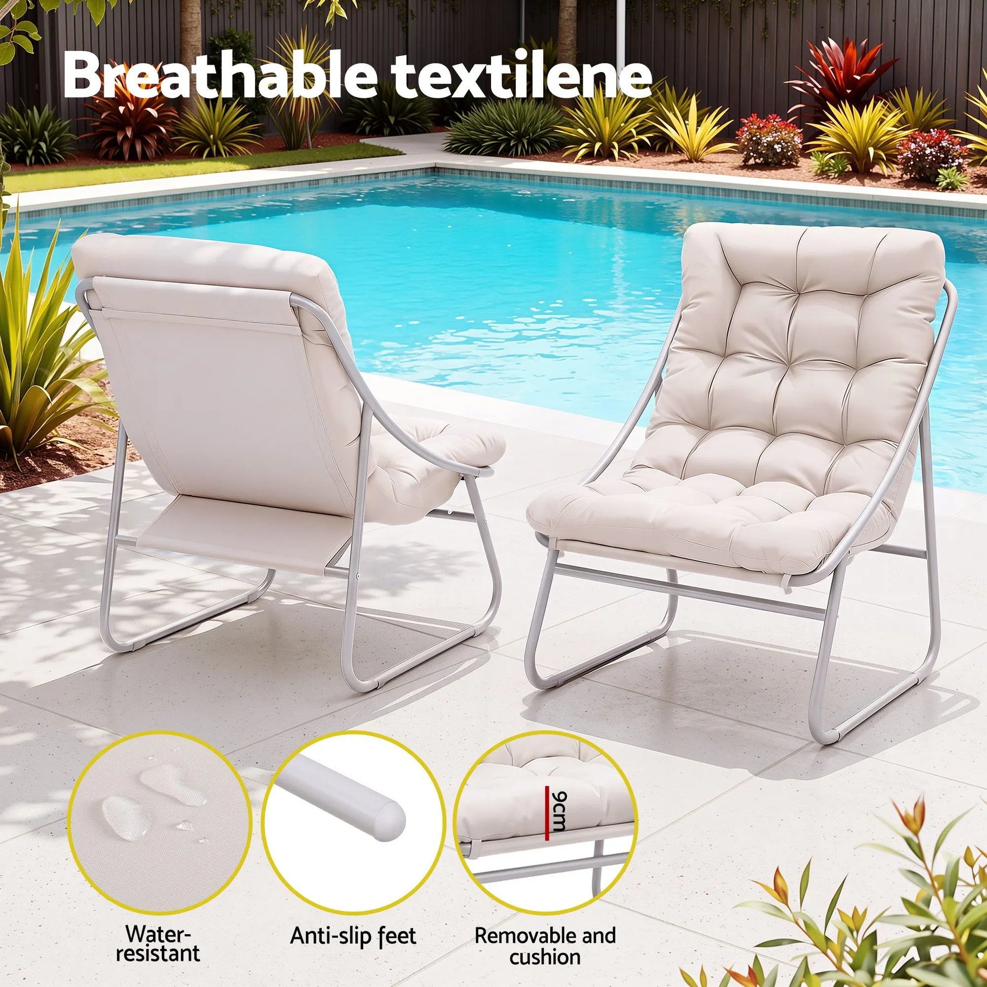 Gardeon 3PC Outdoor Bistro Set Patio Furniture Table and Chairs Steel Dining Chair Khaki - Image 5