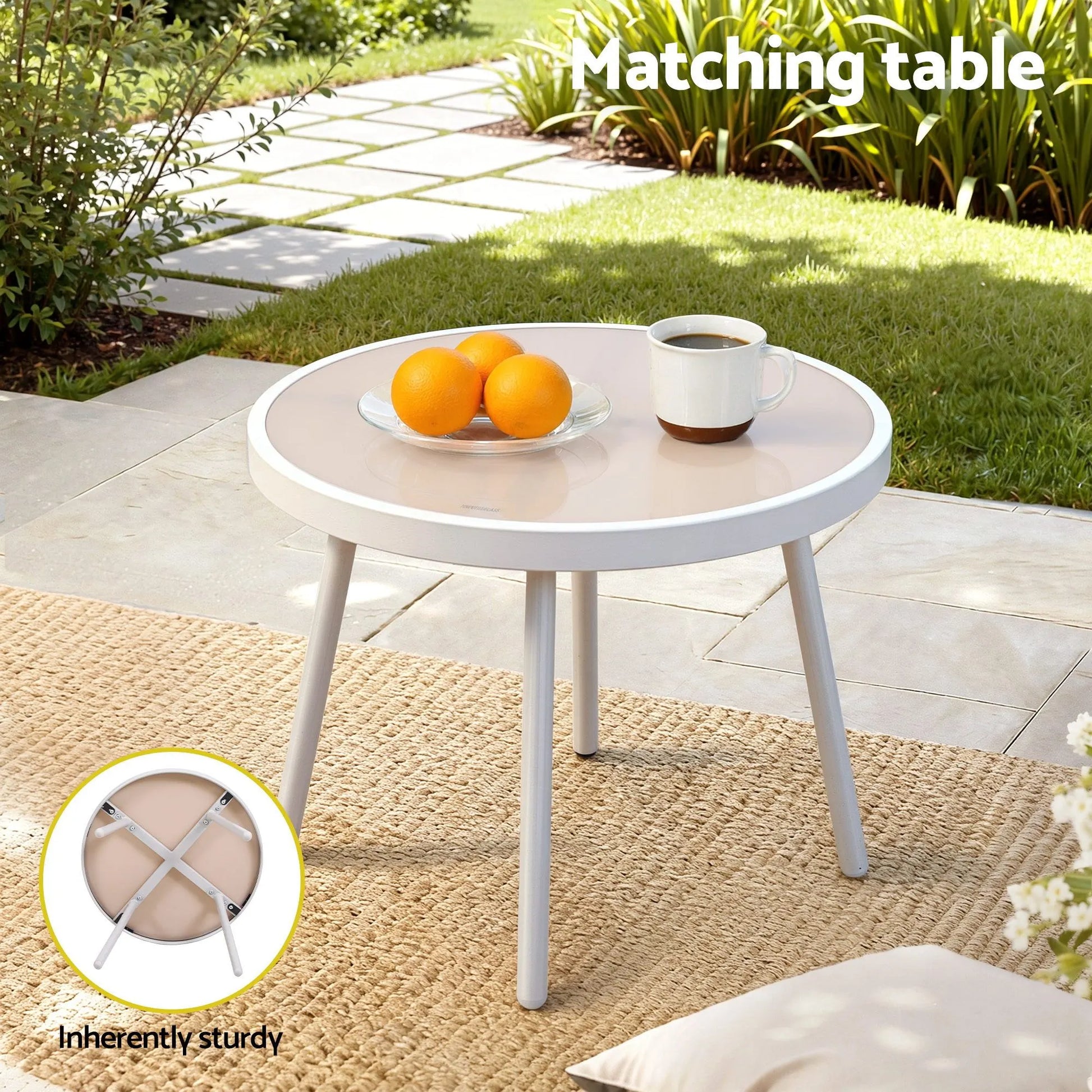 Gardeon 3PC Outdoor Bistro Set Patio Furniture Table and Chairs Steel Dining Chair Khaki - Image 6