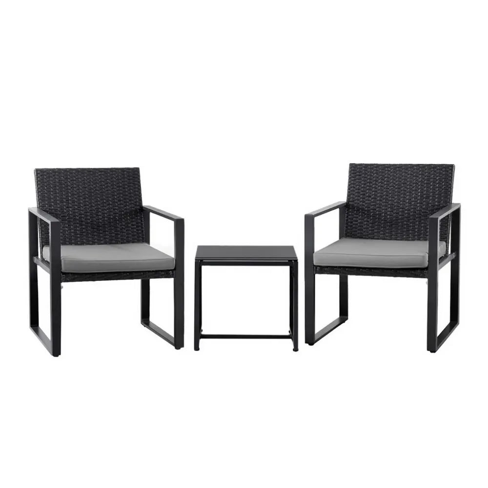 Gardeon 3PC Outdoor Bistro Set Patio Furniture Wicker Dining Chairs Table Cushion Black