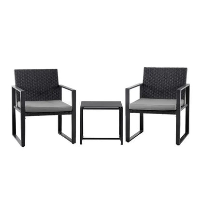 Gardeon 3PC Outdoor Bistro Set Patio Furniture Wicker Dining Chairs Table Cushion Black