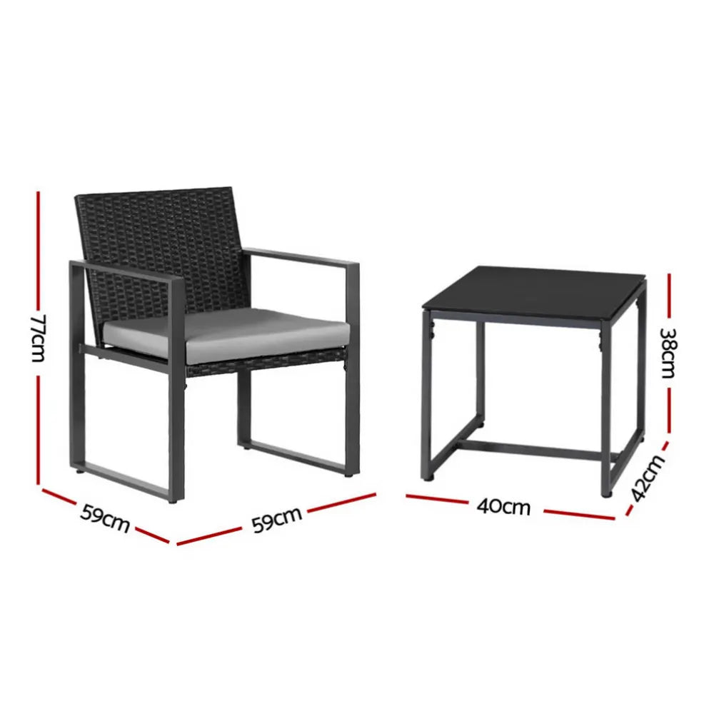 Gardeon 3PC Outdoor Bistro Set Patio Furniture Wicker Dining Chairs Table Cushion Black - Image 2