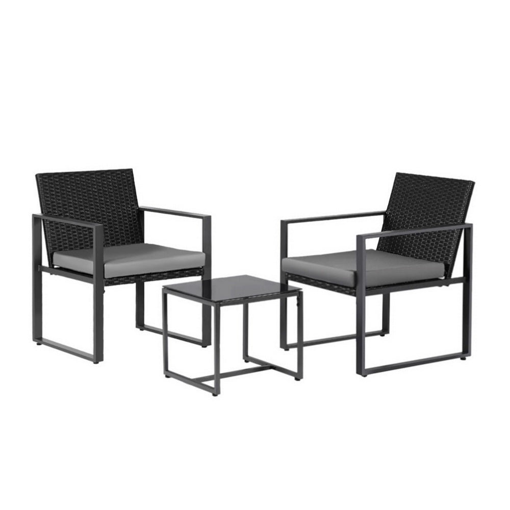 Gardeon 3PC Outdoor Bistro Set Patio Furniture Wicker Dining Chairs Table Cushion Black - Image 3