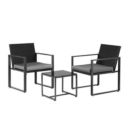 Gardeon 3PC Outdoor Bistro Set Patio Furniture Wicker Dining Chairs Table Cushion Black - Image 3