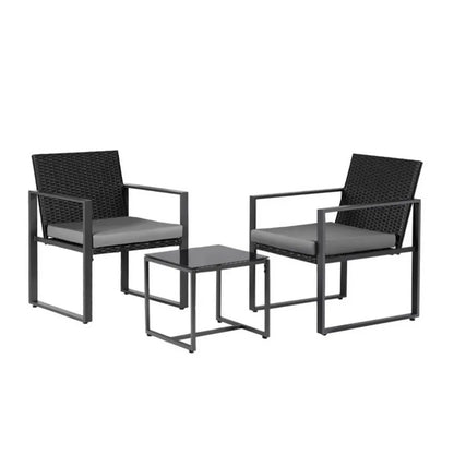 Gardeon 3PC Outdoor Bistro Set Patio Furniture Wicker Dining Chairs Table Cushion Black - Image 3