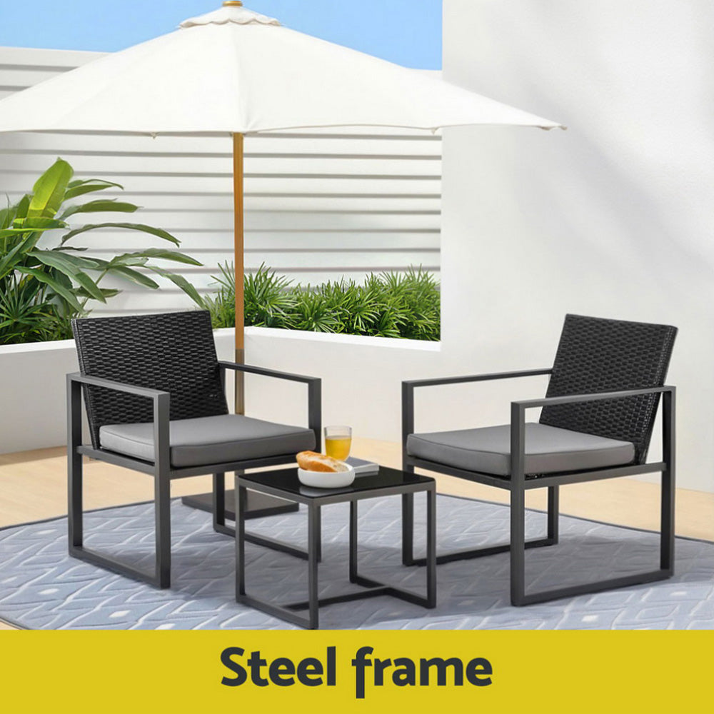 Gardeon 3PC Outdoor Bistro Set Patio Furniture Wicker Dining Chairs Table Cushion Black - Image 4