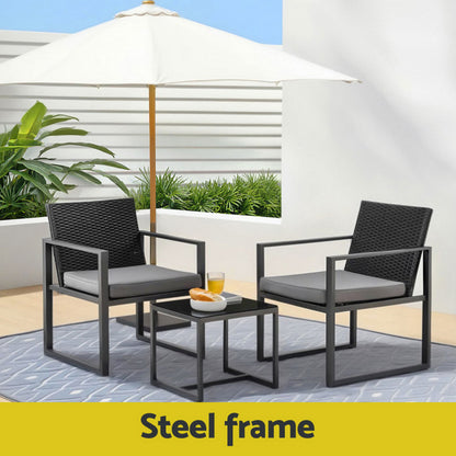 Gardeon 3PC Outdoor Bistro Set Patio Furniture Wicker Dining Chairs Table Cushion Black - Image 4