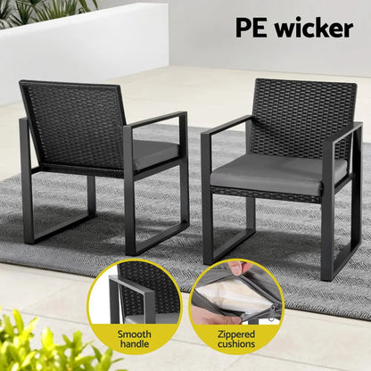 Gardeon 3PC Outdoor Bistro Set Patio Furniture Wicker Dining Chairs Table Cushion Black - Image 5