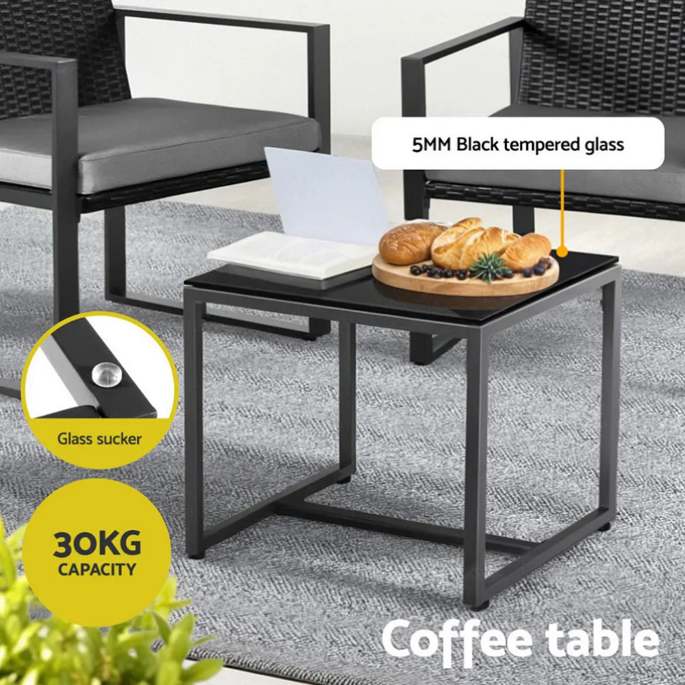 Gardeon 3PC Outdoor Bistro Set Patio Furniture Wicker Dining Chairs Table Cushion Black - Image 6