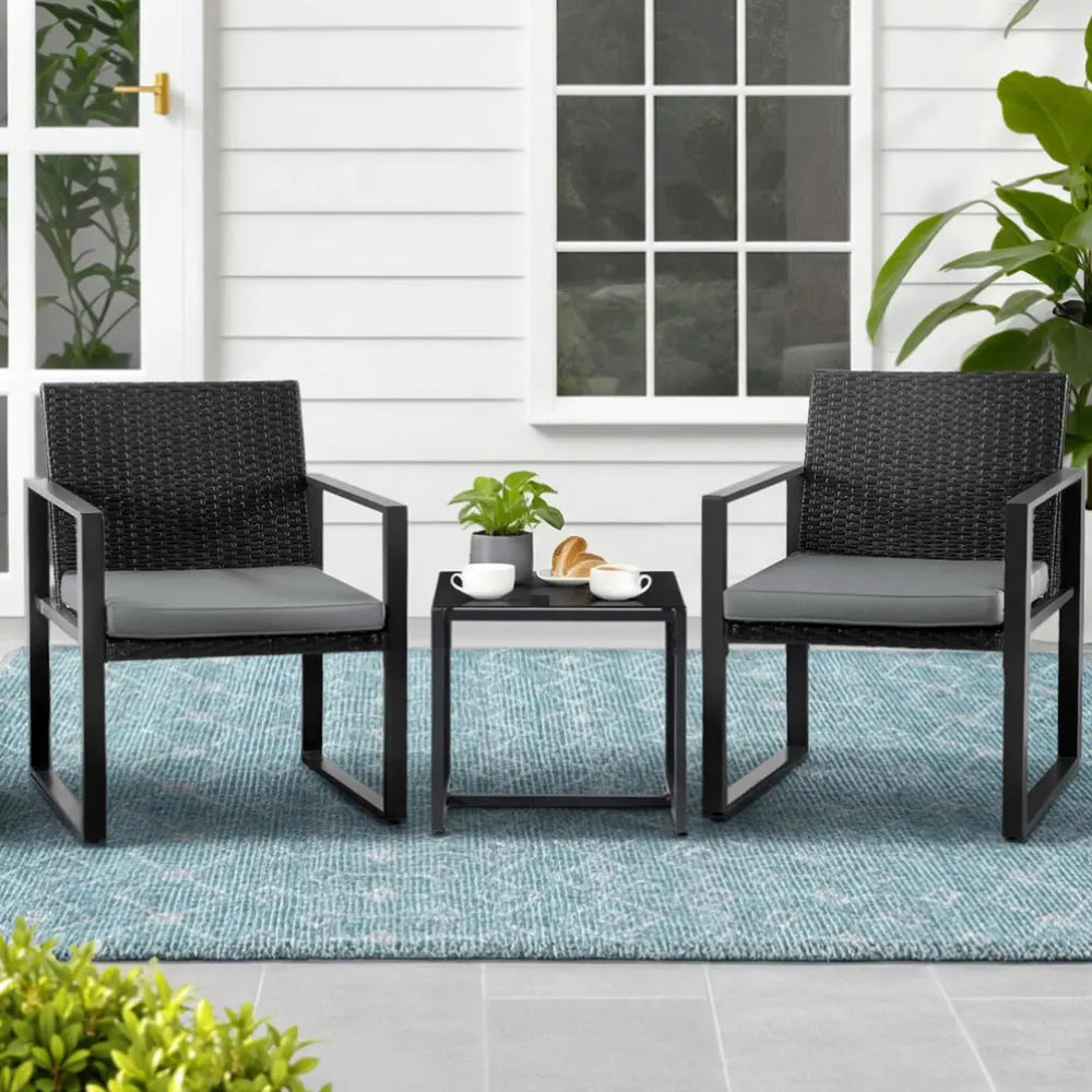 Gardeon 3PC Outdoor Bistro Set Patio Furniture Wicker Dining Chairs Table Cushion Black - Image 7