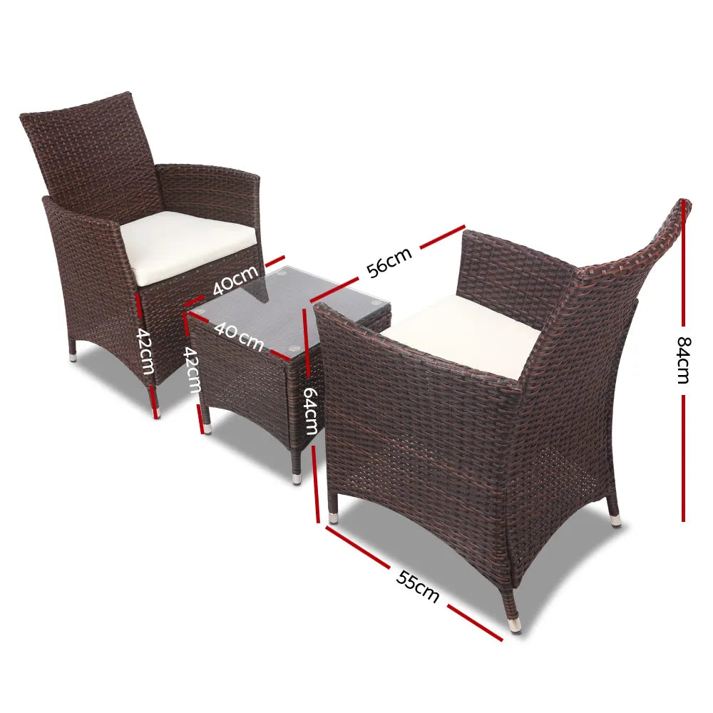 Gardeon 3PC Outdoor Bistro Set Patio Furniture Wicker Setting Chairs Table Cushion Brown - Image 2