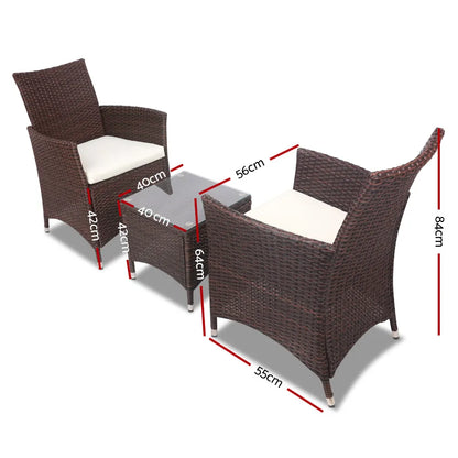 Gardeon 3PC Outdoor Bistro Set Patio Furniture Wicker Setting Chairs Table Cushion Brown - Image 2