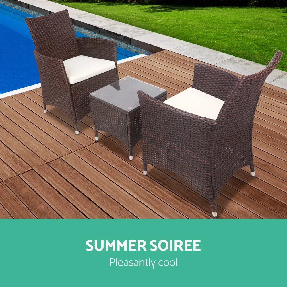 Gardeon 3PC Outdoor Bistro Set Patio Furniture Wicker Setting Chairs Table Cushion Brown - Image 4