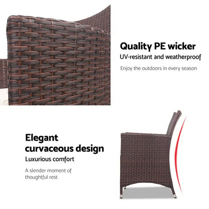 Gardeon 3PC Outdoor Bistro Set Patio Furniture Wicker Setting Chairs Table Cushion Brown - Image 6