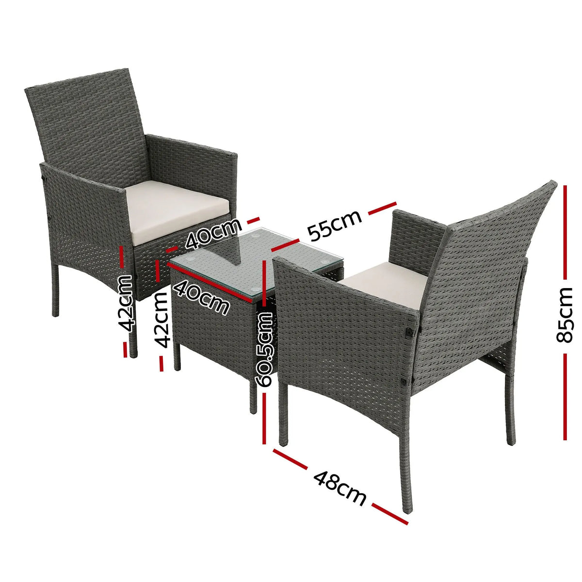 Gardeon 3PC Outdoor Bistro Set Patio Furniture Wicker Setting Chairs Table Cushion Grey - Image 2