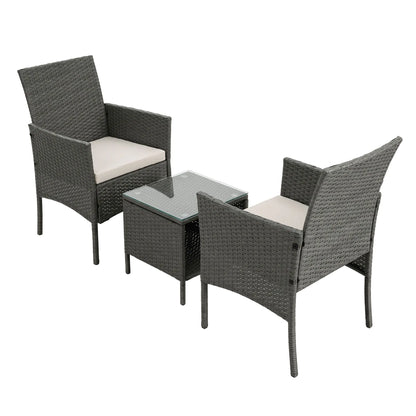 Gardeon 3PC Outdoor Bistro Set Patio Furniture Wicker Setting Chairs Table Cushion Grey - Image 3